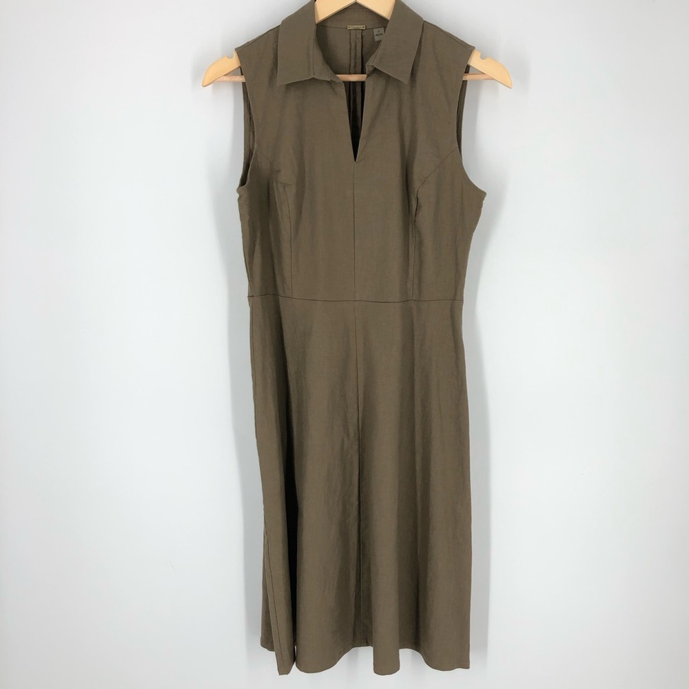Tahari Linen Dress Womens 4 Brown Taupe Sleeveless Darted‎ Collared Split Neck